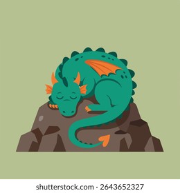 A green dragon with orange wings is curled up and asleep on top of a rocky mound.