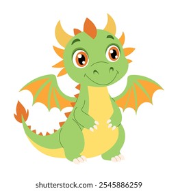 A green dragon with orange wings and a yellow belly. It has a smile on its face. The dragon is standing on its hind legs