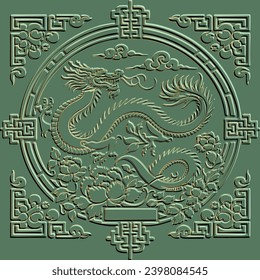 Green Dragon. Ornamental emboss 3d chinese dragon with chinese style frames. Happy Chinese new year 2024 Zodiac sign, year of the Dragon. Relief embossed trendy vector background. Surface 3d texture.