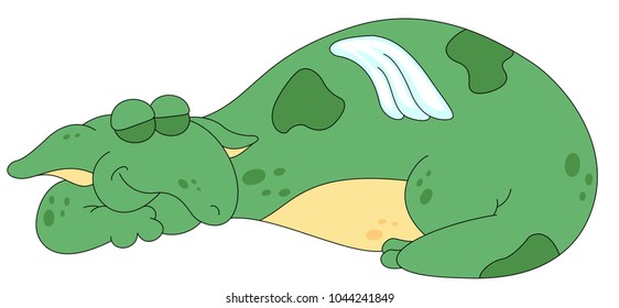 Green dragon peacefully sleeping. Funny cartoon illustration