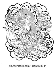 Green dragon with peacock and cherry blossom on cloud..peach with peony and plum flower on cloud background.Traditional Japanese tattoo for print to t-shirt.