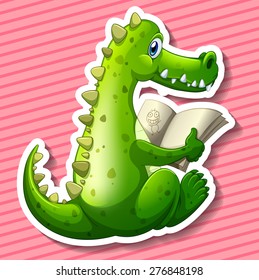 Green dragon reading book with pink background