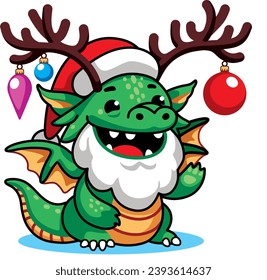 green dragon with reindeer antlers in a Santa Claus hat