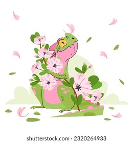 Green dragon with sakura branch isolated on white background. Symbol of the year. Spring Vector illustration cute cartoon magic reptile creature