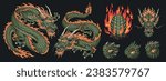Green dragon set emblems colorful with parts monster face and full lizard for design chinese new year products vector illustration