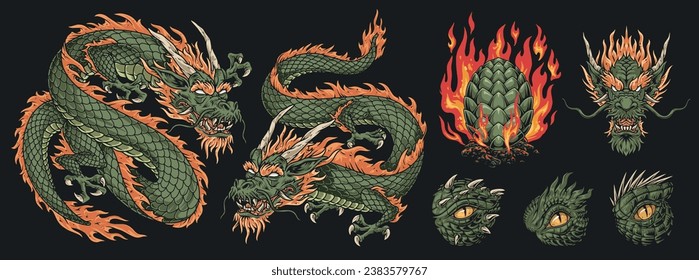 Green dragon set emblems colorful with parts monster face and full lizard for design chinese new year products vector illustration