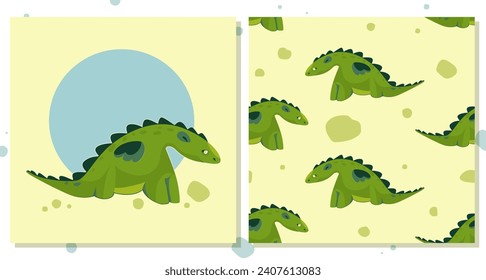 Green dragon Set of seamless pattern and print for children's clothes Vector