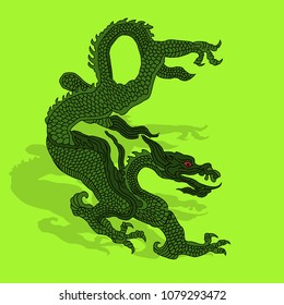 Green dragon with shadow, cartoon on light green background, vector