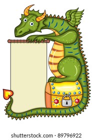 Green dragon sits on a gold chest with a scroll in paws