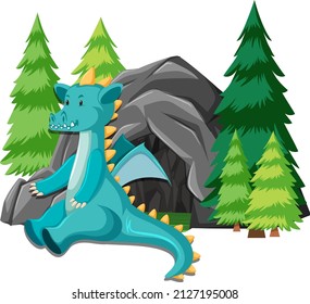 Green dragon sitting in front of cave illustration