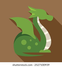 Green dragon sitting and spreading its wings in flat design with long shadow on brown background