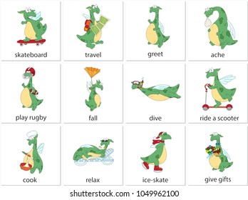 Green dragon skateboarding, traveling, greeting, aching, playing rugby, falling, diving, riding scooter, cooking, relaxing, ice-skating, giving gifts. English verbs in funny cartoon pictures