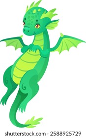 Green dragon soaring through the air, displaying its light green belly, vibrant wings, and tail tip, while playfully showing its paws against a clean white background