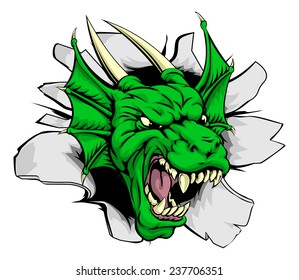 A green dragon sports mascot or character breaking out of the background or wall