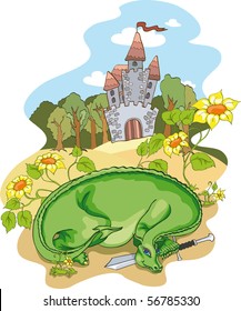 Green dragon with sword. No gradient.