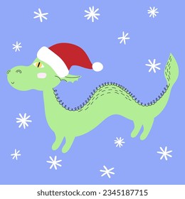 Green dragon symbol of 2024 with christmas santa hat. Holiday postcard. Chinese New Year