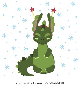 Green dragon symbol of 2024 in a circle with stars under the snow. Holiday postcard. Chinese New Year, christmas