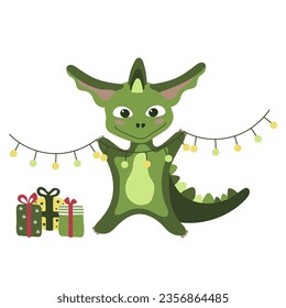 Green dragon symbol of 2024 with electric garland and gifts boxes. Christmas or new year holiday card