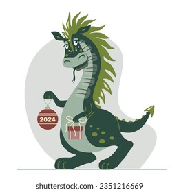Green Dragon as symbol of new 2024 year. Funny cartoon fantasy animal congtats with holiday. Vector Happy Christmas card.