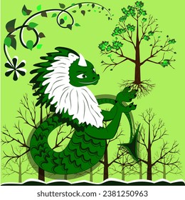 The green dragon uses his magic to help trees acquire leaves as he is responsible for landscaping in nature