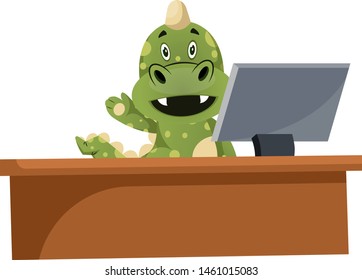Green dragon is watching at computer screen, illustration, vector on white background.