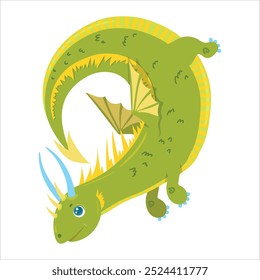 Green dragon with wings. Cute fairy tale animal. fantasy Character of children's books. Dinosaur. Vector illustration on a white background.