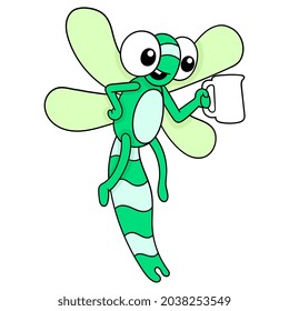 Grüne Libelle fliegen mit einer Tasse Kaffee, Vektorgrafik. doodle Ikone kawaii.