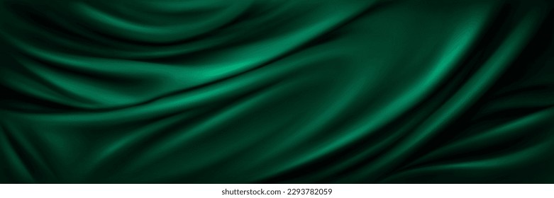 Green drapery silk fabric luxury background. Wavy abstract satin cloth vector texture pattern. Smooth shiny drape material curtain. Elegant velvet curve motion image realistic horizontal design.
