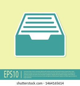 Green Drawer with documents icon isolated on yellow background. Archive papers drawer. File Cabinet Drawer. Office furniture.  Vector Illustration