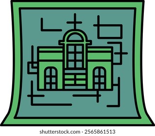 A green drawing of a building with a cross on top. The building is a church and the drawing is of a blueprint