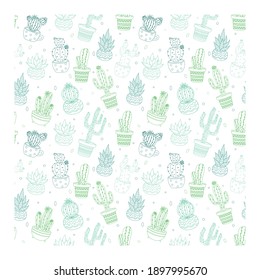 Green Drawing cactus print pattern on white