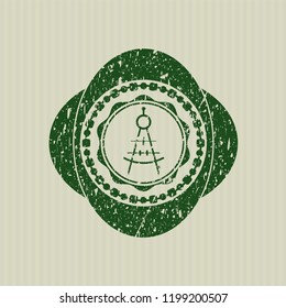 Green drawing compass icon inside distress grunge style stamp