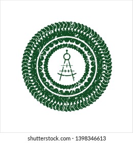 Green drawing compass icon inside distress rubber grunge texture seal
