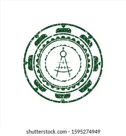 Green drawing compass icon inside rubber stamp with grunge texture