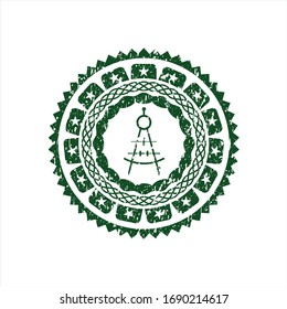 Green-Zeichenkompass-Ikone innerhalb einer Gummidichtung mit Grunge-Textur