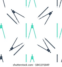 Green Drawing of a compass and pencil icon isolated, seamless pattern on white background. Education sign. Drawing and educational tools. Geometric equipment. School office. Vector.