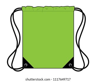 Green Drawstring Bag With Black Rope Design On White Background, Flat Lay, Vector File.