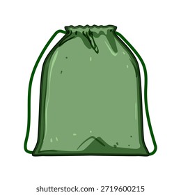 Desenho animado saco cordão verde ilustrando um design de bolsa de tecido simples usado para transportar e armazenar vários itens, útil para embalagem ou presente dando visuais