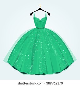 Green dress for special event on hanger. Party dress.Vector illustration