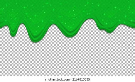 Green dribble slime on transparent background. Flowing toxic sticky liquid. Vector background
