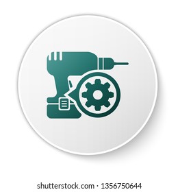Green Drill machine and gear icon isolated on white background. Adjusting app, service concept, setting options, maintenance, repair, fixing. White circle button. Vector Illustration