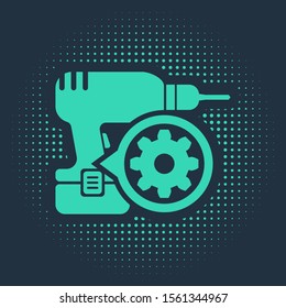Green Drill machine and gear icon isolated on blue background. Adjusting app, service concept, setting options, maintenance, repair, fixing. Abstract circle random dots. Vector Illustration