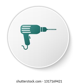Green Drill machine icon isolated on white background. Green circle button. Vector Illustration