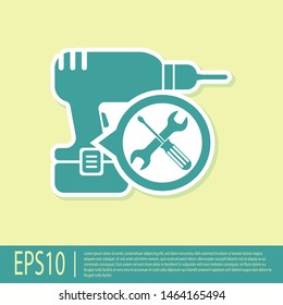 Green Drill machine with screwdriver and wrench icon isolated on yellow background. Adjusting, service, setting, maintenance, repair, fixing.  Vector Illustration