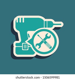 Green Drill machine with screwdriver and wrench icon isolated on blue background. Adjusting, service, setting, maintenance, repair, fixing. Long shadow style. Vector Illustration