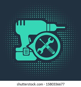 Green Drill machine with screwdriver and wrench icon isolated on blue background. Adjusting, service, setting, maintenance, repair, fixing. Abstract circle random dots. Vector Illustration
