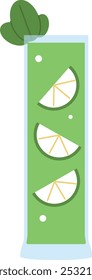 A green drink with three slices of lime in it