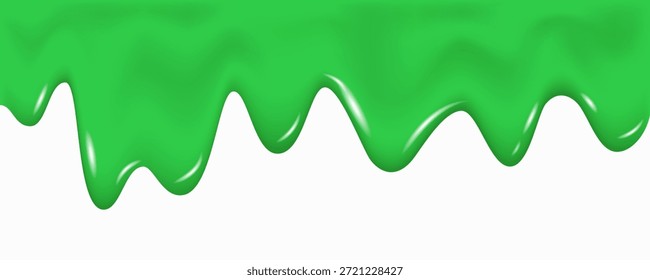 Green dripping slime texture. Flowing paint, splash of juice background. Kiwi, lime or apple jam. Halloween jelly wave mucus realistic 3d vector illustration.