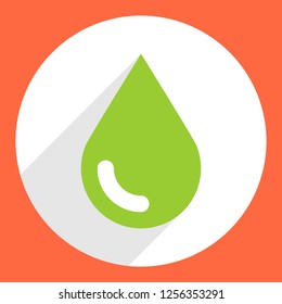 Green drop icon ecology sign on circlular shape. Flat long shadow style. Vector illustration a graphic element for design