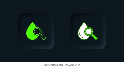 Green Drop and magnifying glass icon isolated on black background. Black square button. Vector